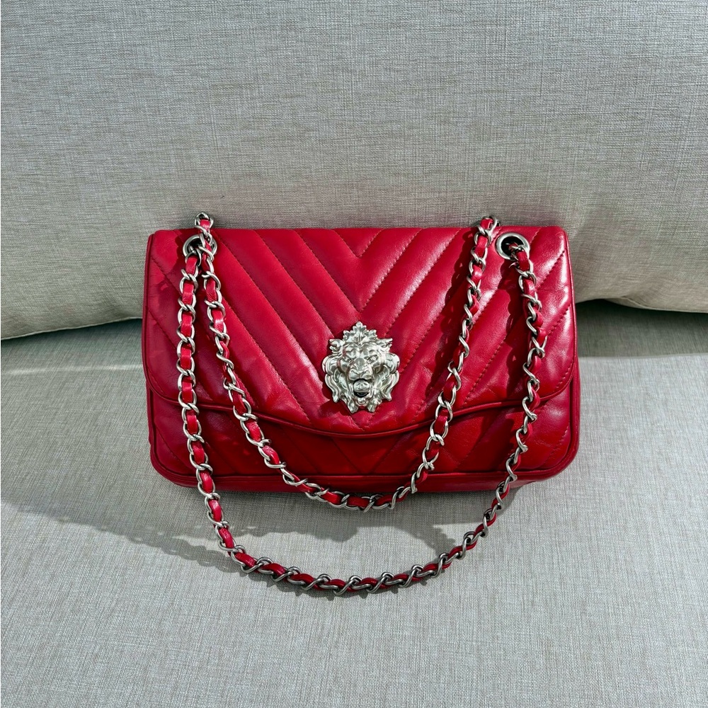 CHANEL Red Lambskin Chevron Flap Bag SHW Lion Hardware